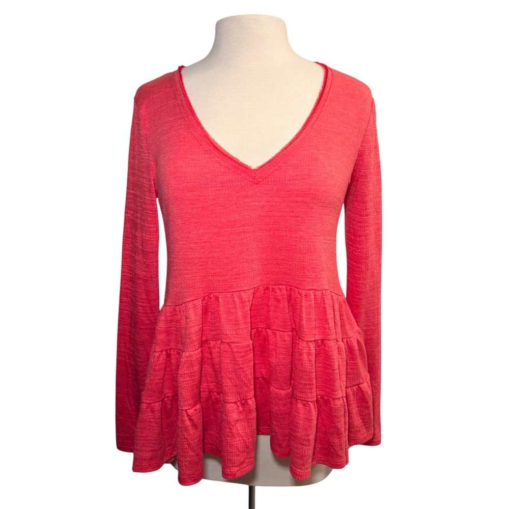 Anthropologie Deletta Coral Pink V-Neck Peplum Long Sleeve XS Cottagecore NWT
